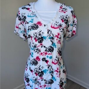 Energie Junior’s Hoodie T-Shirt‎ Size 1X Y2K Floral Rose Paint Splatter Cotton